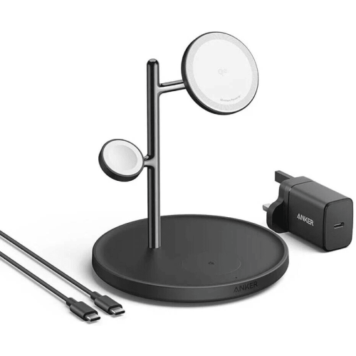 Anker MagGo 3-in-1 Wireless Charging Station With Cable And Charger, 15W, Foldable Design, Qi2 Certification And MagSafe compatible, ActiveShield Technology, Black | B25M3V11