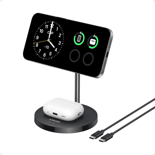 Anker Upgraded MagSafe Compatible Charger Stand, MagGo 2-in-1 Charging Station, Qi2 Certified 15W Wireless Charger Stand, for iPhone 16/15/14/13/12, AirPods Pro (No AC Adapter), Black | A2544-Blk