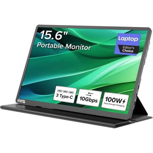Plugable USB C Portable Monitor 15.6 Inch, 100W Pass-Through Charging for Your Laptop Smartphone Tablet, 3x USB-C 10Gbps Hub FHD 1920x1080 IPS Travel Display 1.85lbs, Protective Case/Stand, USBC-PDMON